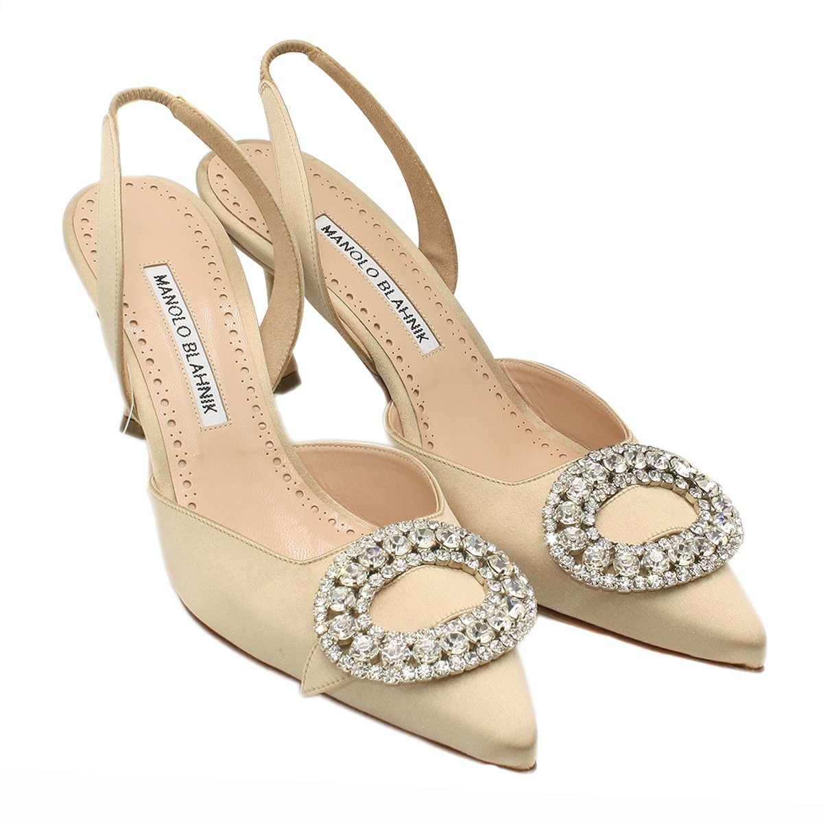 ★B2292 未使用!! マノロブラニク FIBOSLAC70 ラインストーン サテン ヒール サンダル 37 シャンパン MANOLO BLAHNIK 靴 レディース★