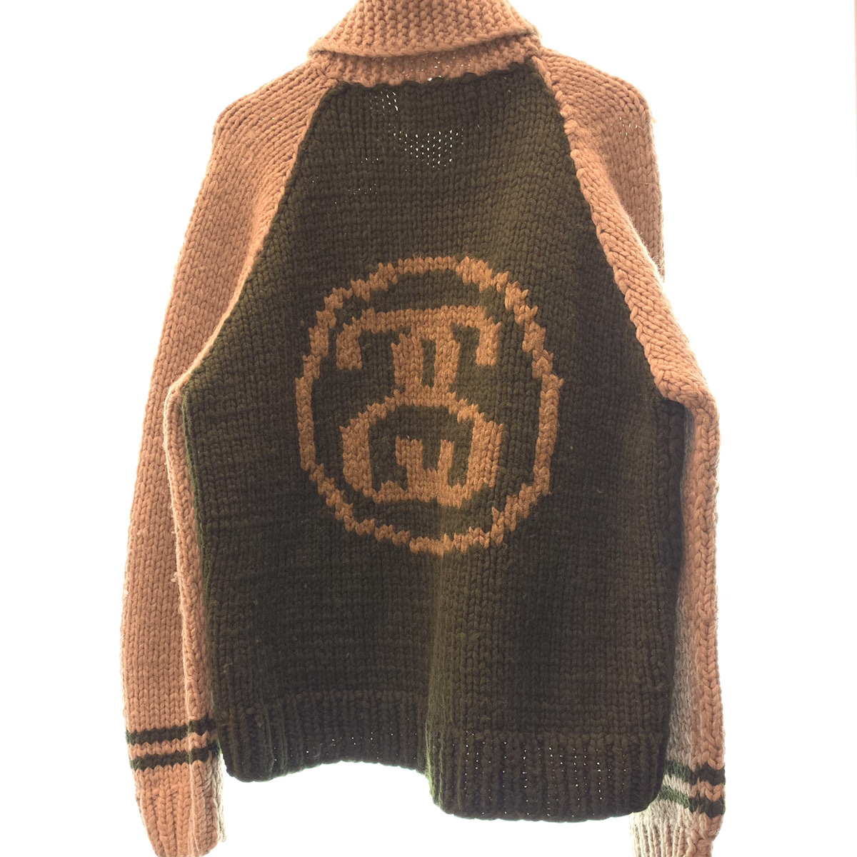 ▲ STUSSY ステューシー CANADIAN SWEATER カナディアン セーター カウチン ウール ニット シャネルロゴ ベーシュ 薄茶色 グリーン 緑 104_画像4