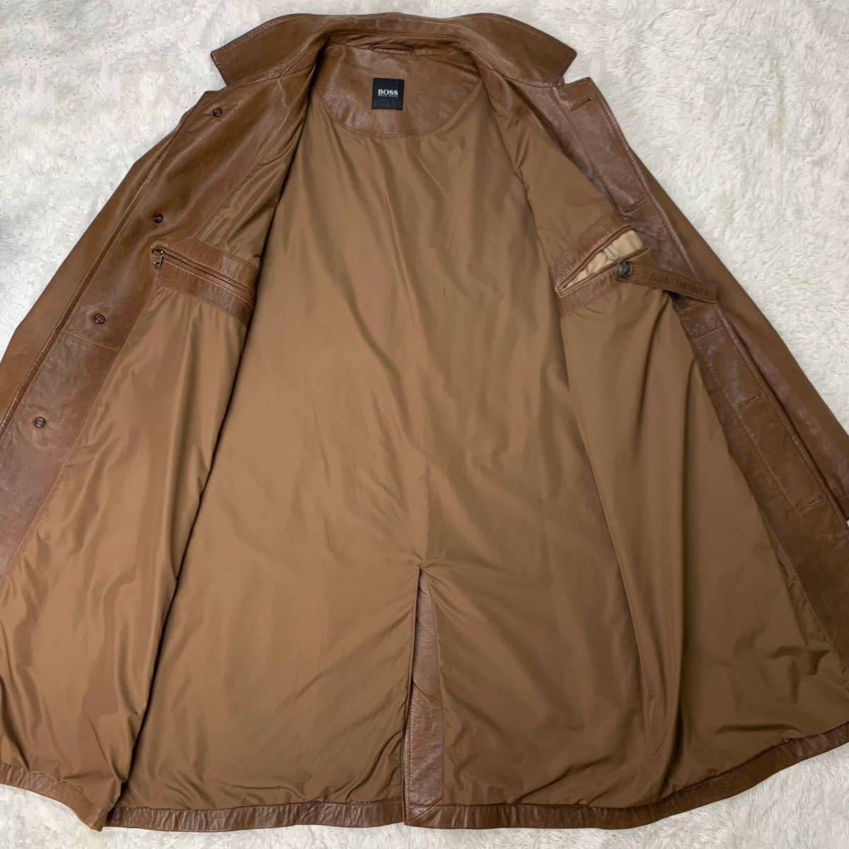 極美品『最高級イタリアンナッパレザー』XL 羊革 HUGO BOSS ヒューゴボス ラム 本革 ステンカラー チェスター コート ジャケット 茶 光沢感