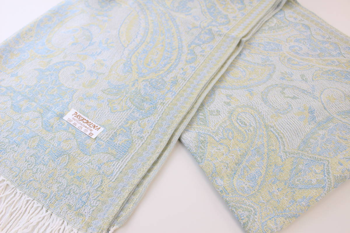 新品【Pashmina パシュミナ】華 ペイズリー柄 大判 中薄手 ストール 春色 ホワイト系 イエロー ライトブルー Cashmere カシミア100%_画像4