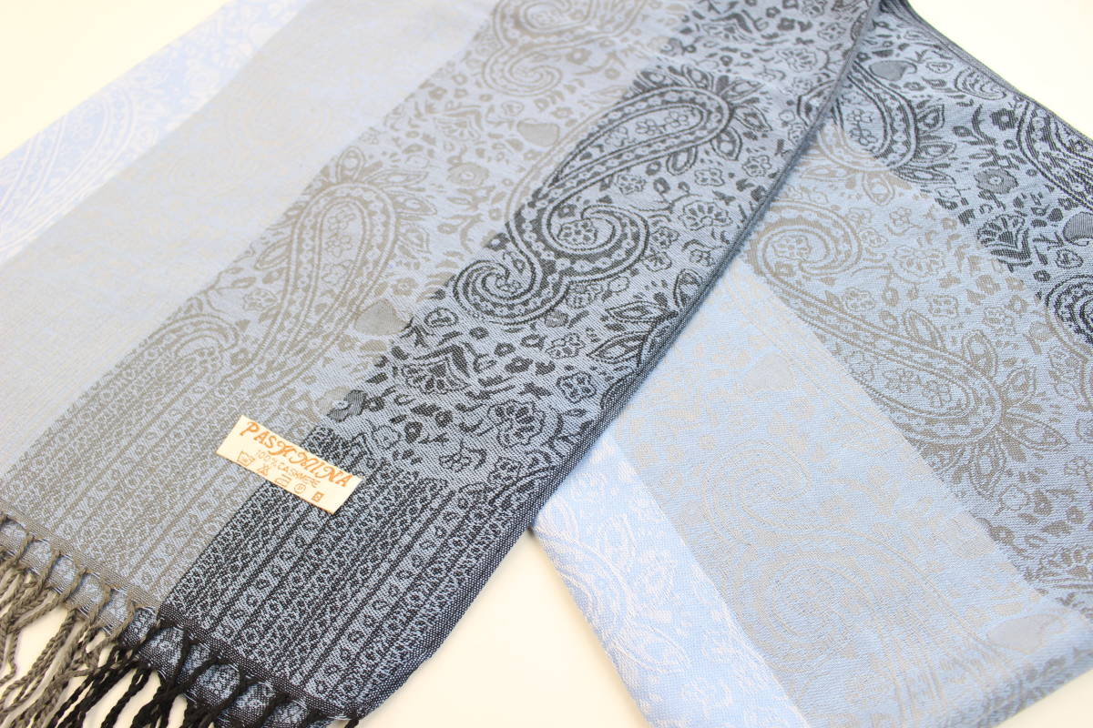 新品【Pashmina パシュミナ】ペイズリー 花柄ミックス 大判 ストール アイスブルー系 ブラック グレー ホワイト Cashmere カシミア100%_画像4