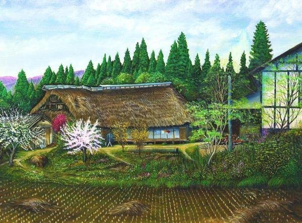 沖山王一 遠野曲屋 田舎の風景 油彩画 沖山王一 遠野曲屋 田舎の風景 油彩画 (沖山王一 遠野曲屋 田舎