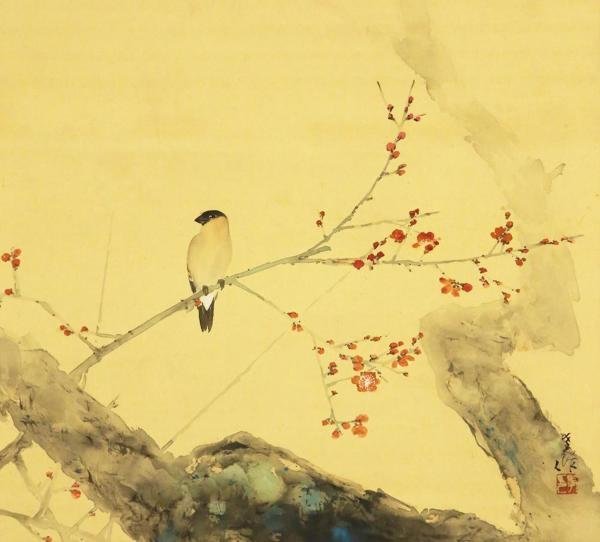 WISH】在銘「梅花小禽」日本画 掛軸 絹本 共箱 花鳥図 #23030100 の