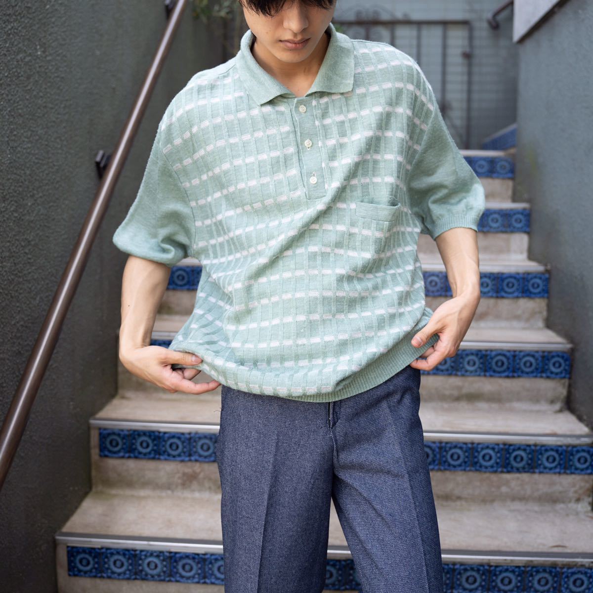 EU VINTAGE Paul Rhodamel HALF SLEEVE CHECK PATTERNED KNIT POLO SHIRT/ヨーロッパ古着半袖チェック柄ニットポロシャツ