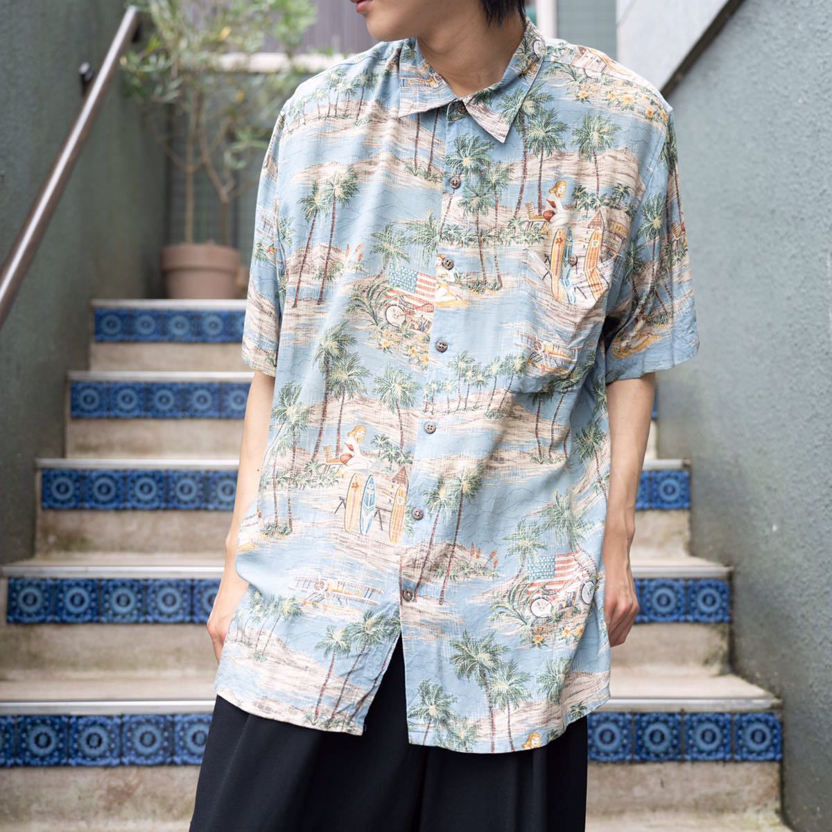 USA VINTAGE Batik Bay HALF SLEEVE PALM&BEAUTY DESIGN ALOHA SHIRT/アメリカ古着半袖ヤシの木と美人柄デザインアロハシャツ_画像1