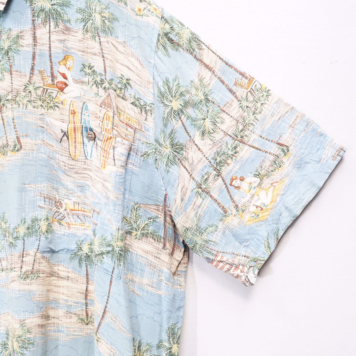 USA VINTAGE Batik Bay HALF SLEEVE PALM&BEAUTY DESIGN ALOHA SHIRT/アメリカ古着半袖ヤシの木と美人柄デザインアロハシャツ_画像9