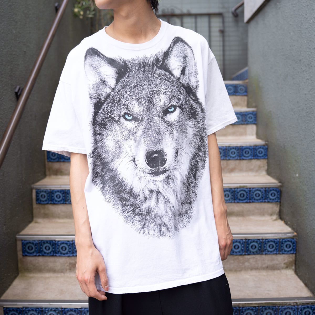 USA VINTAGE DOM WOLF FACE PRINT DESIGN OVER T SHIRT/アメリカ古着オオカミの顔プリントデザインTシャツ