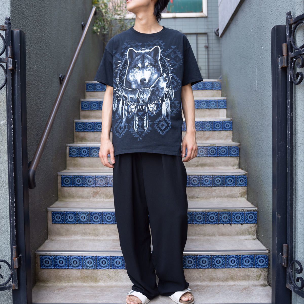 USA VINTAGE FRUIT OF THE LOOM WOLF PRINT DESIGN T SHIRT/アメリカ古着オオカミプリントデザインTシャツ