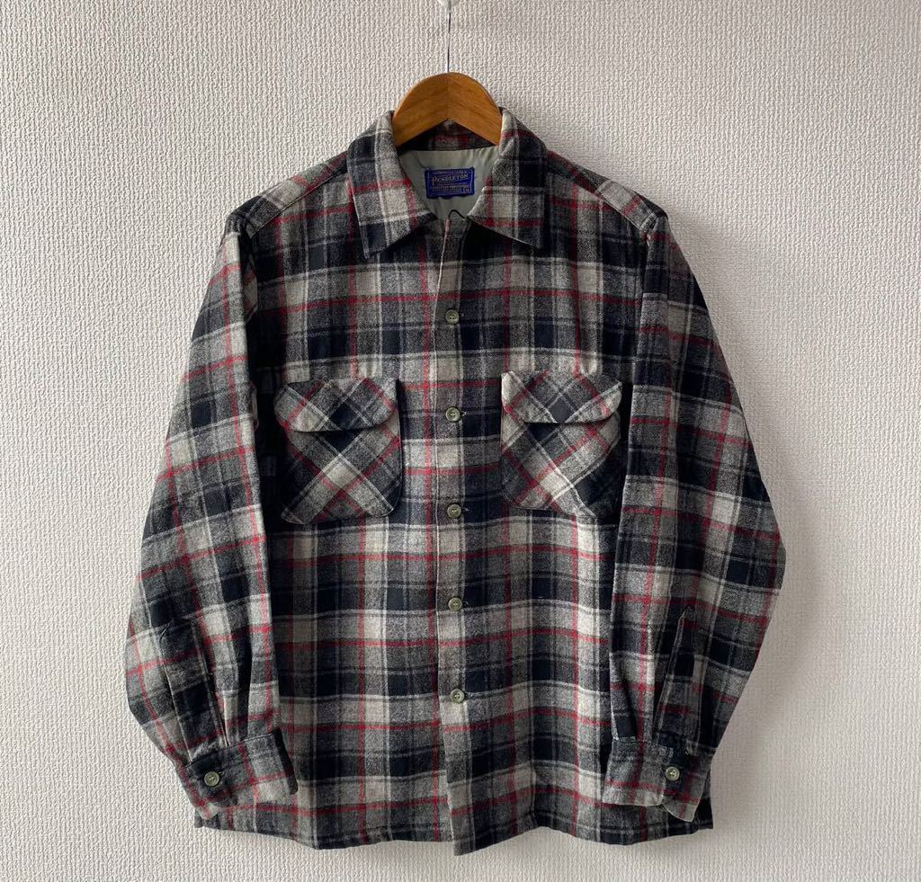 60s PENDLETON オープンカラー チェック ウール シャツ M ボックス ビンテージ ペンドルトン 開襟_画像1