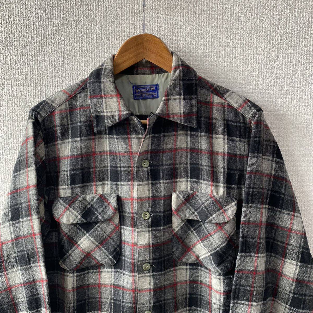 60s PENDLETON オープンカラー チェック ウール シャツ M ボックス ビンテージ ペンドルトン 開襟_画像3