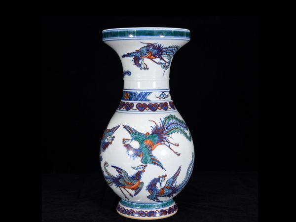 【瓏】陶磁器 斗彩鳳紋盤口瓶 大清乾隆年製 染付 置物擺件 古賞物 中国古美術 蔵出