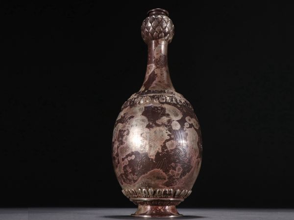 【瓏】古銀鏨刻彫 仏紋心経蒜頭瓶 時代物 銀器 古賞物 中国古玩 蔵出
