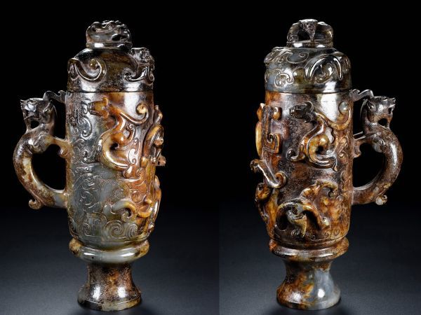 【瓏】和田玉 高古玉彫 龍鳳杯擺件 時代物 極細工 手彫り 置物 賞物 中国古美術 蔵出