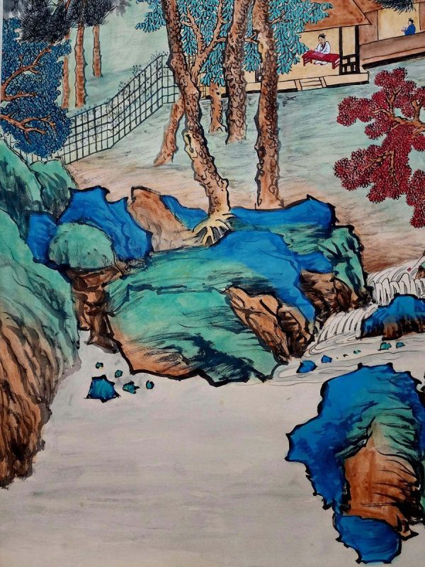 瓏】「張大千作 青緑山水図」近代画家 肉筆絹本 真作 掛け軸 書画立軸