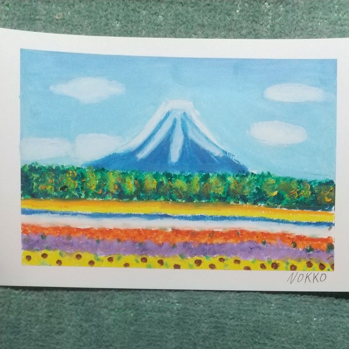 額なし オイルパステル画 富士山と花畑 原画１点物 A5サイズ