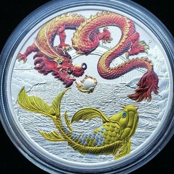 超最新作】2023年 赤龍&金鯉 1オンス銀貨 高級アクリルカプセル入り