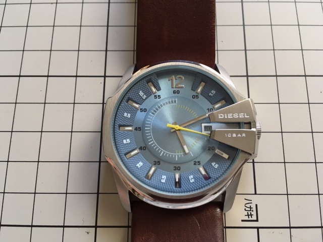 良品 良デザイン 付属品有 DIESEL ディーゼル デイト DZ-1399 水色・ブルー文字盤 純正革ベルト クオーツ メンズ 腕時計_画像1