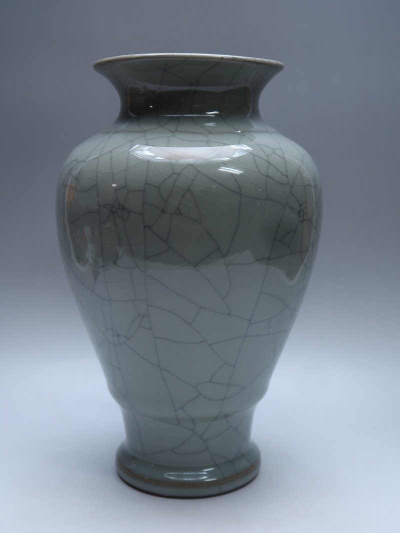 宋代 汝窯 青磁 氷裂文 花瓶 箱入り 古美術 K23-