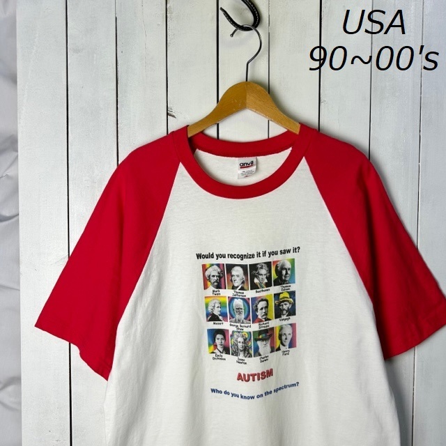 T●322 USA古着 90s～00s AUTISM 偉人 ラグランTシャツ XL 赤×白 anvil オールド ヴィンテージ アメリカ古着 レインボー_画像1