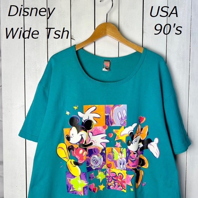 T●326 USA古着 90s USA製 ミッキー&ミニー 超ワイドTシャツ 26/28 緑 DISNEY オールド ヴィンテージ アメリカ古着 ディズニー レイヤード