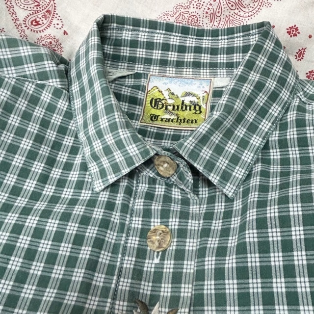 sh 609 EURO古着 80s~90s チェックチロルシャツ・ブラウス M~L 緑