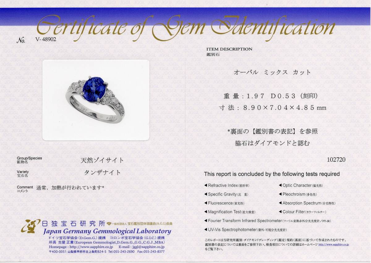 濃厚でキラキラ!】(日独鑑別書)高品質タンザナイト1.97ct 脇 濃厚でキラキラ!】(日独鑑別書)高品質タンザナイト1.97ct 脇