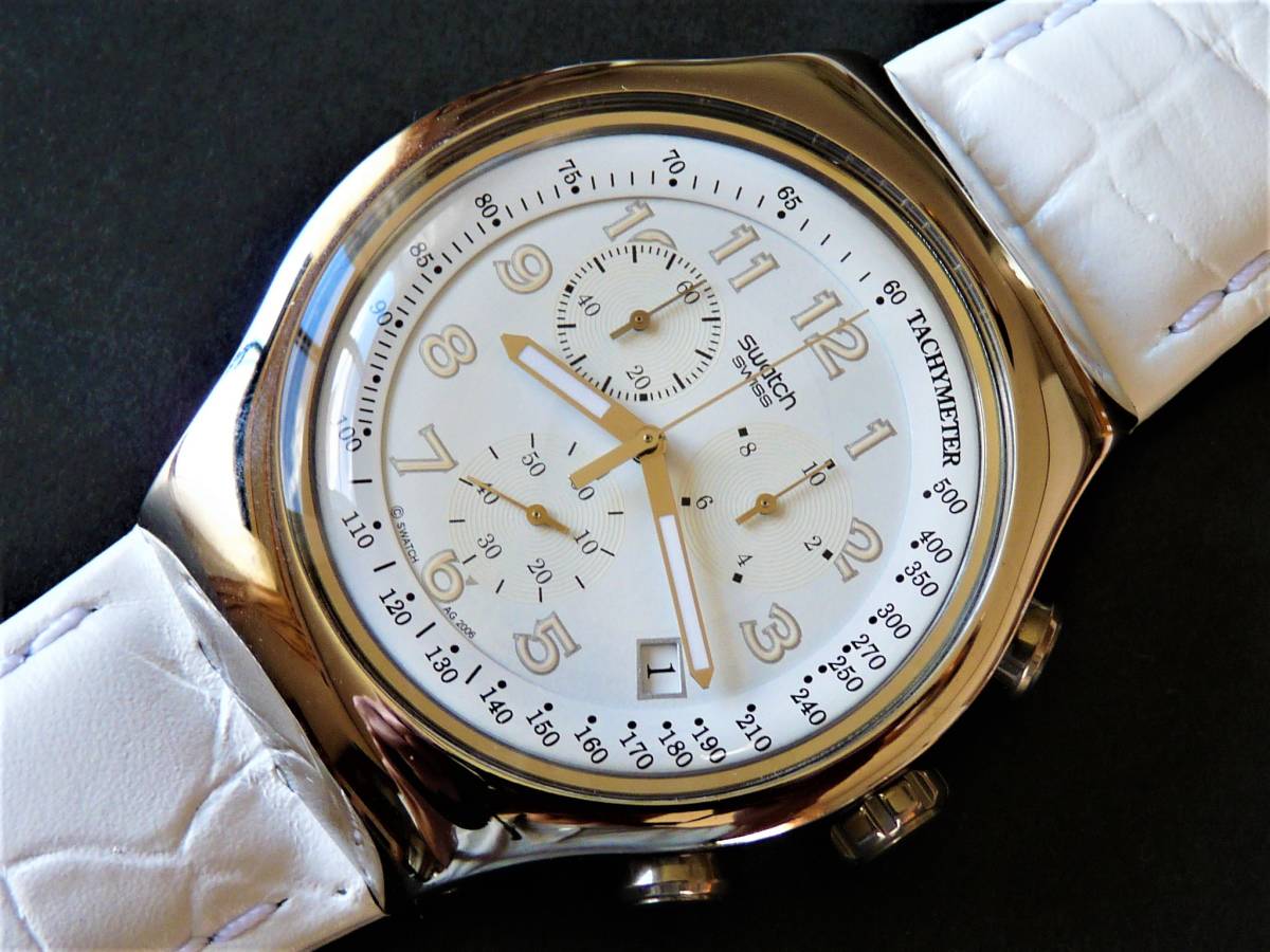  unused battery replaced operation middle extra-large Irony Chrono Swatch Swatch 2007 year of model model name / product number unknown white face white leather belt 