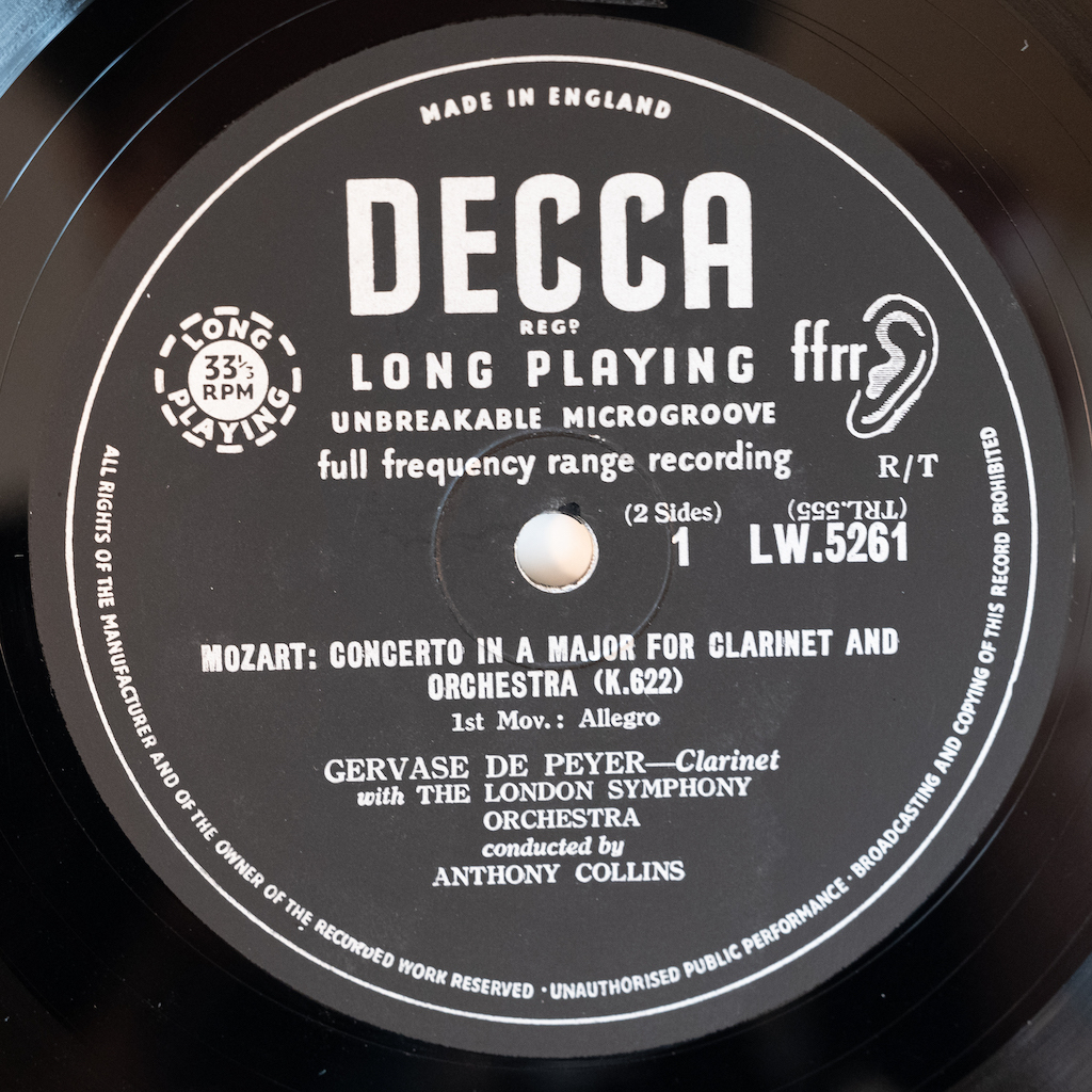 10インチ　モノLP 英DECCA LW.5261 ぺイエ（cl） コリンズ　「モーツァルト　クラリネット協奏曲 K.622」　フラットエッジ_画像3