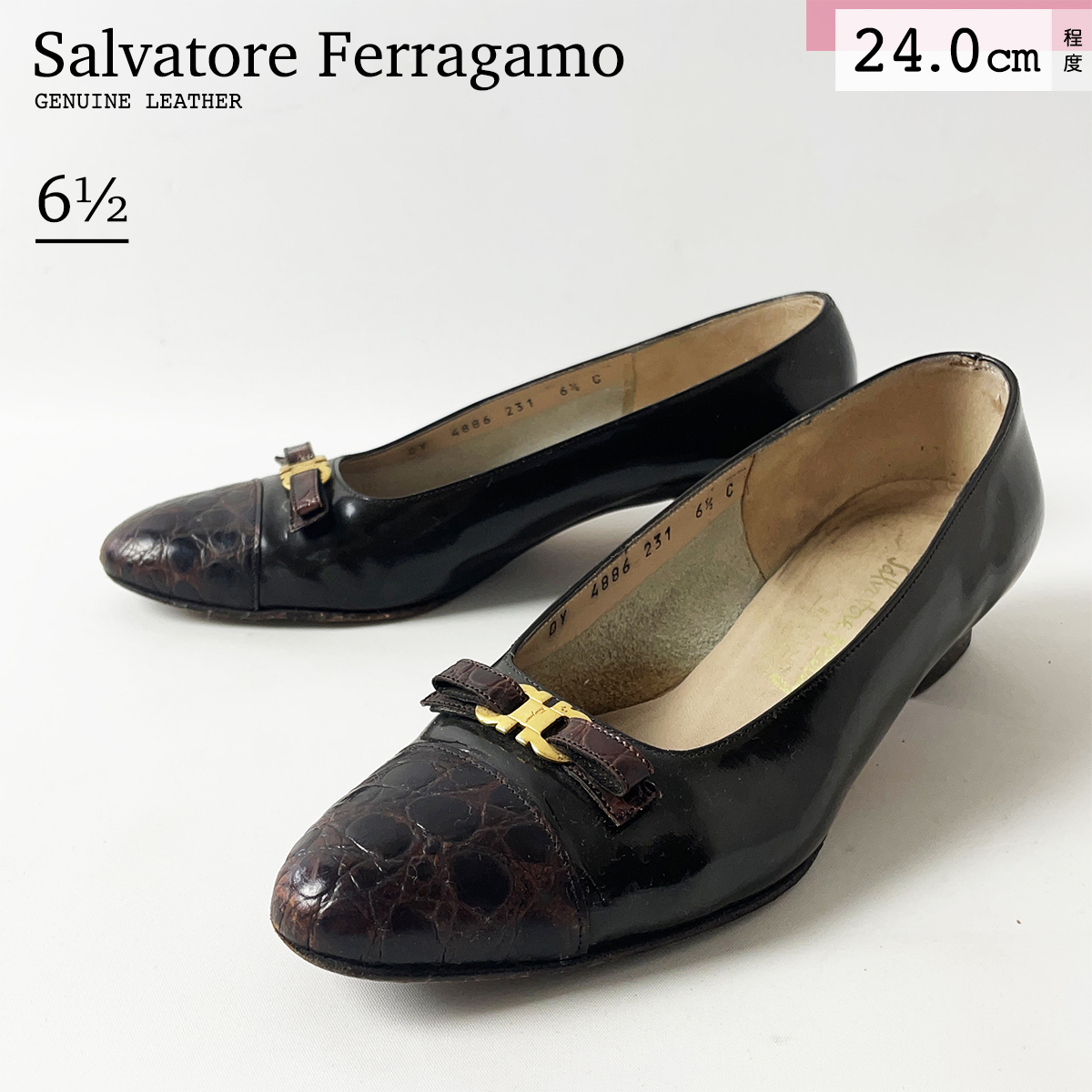 Salvatore Ferragamo 本革 レザー クロコダイル ローヒール パンプス