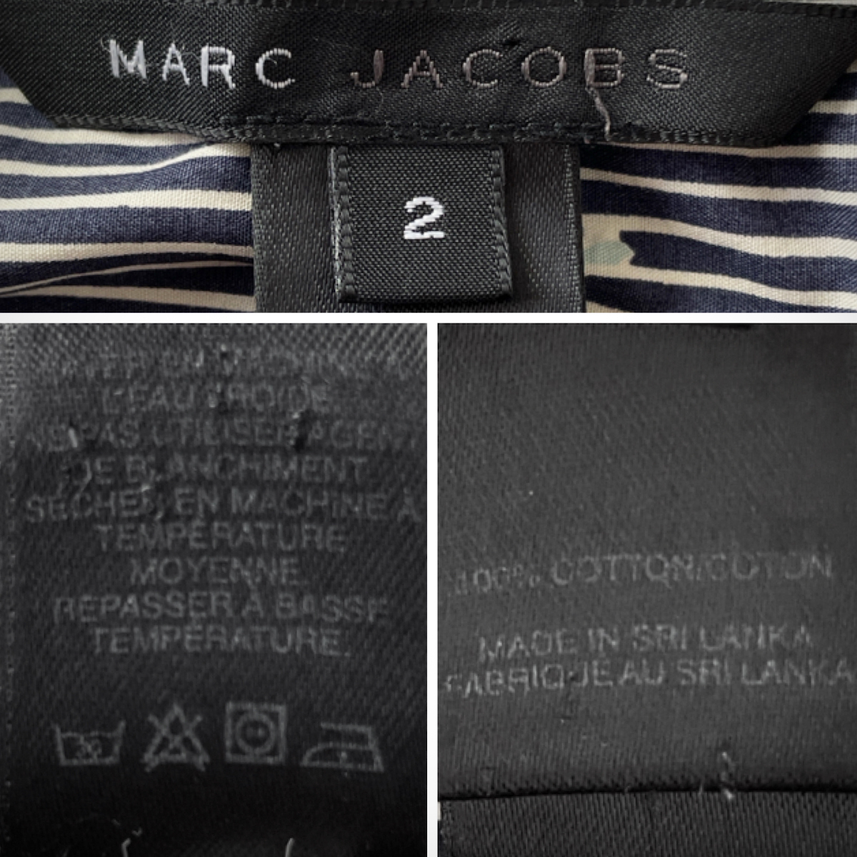 MARC JACOBS 綿 100% ストライプ 柄 オープンカラー 半袖 シャツ ブラウス 総柄 グレー 黒 ブラック フレンチスリーブ 2 レディース M 9号