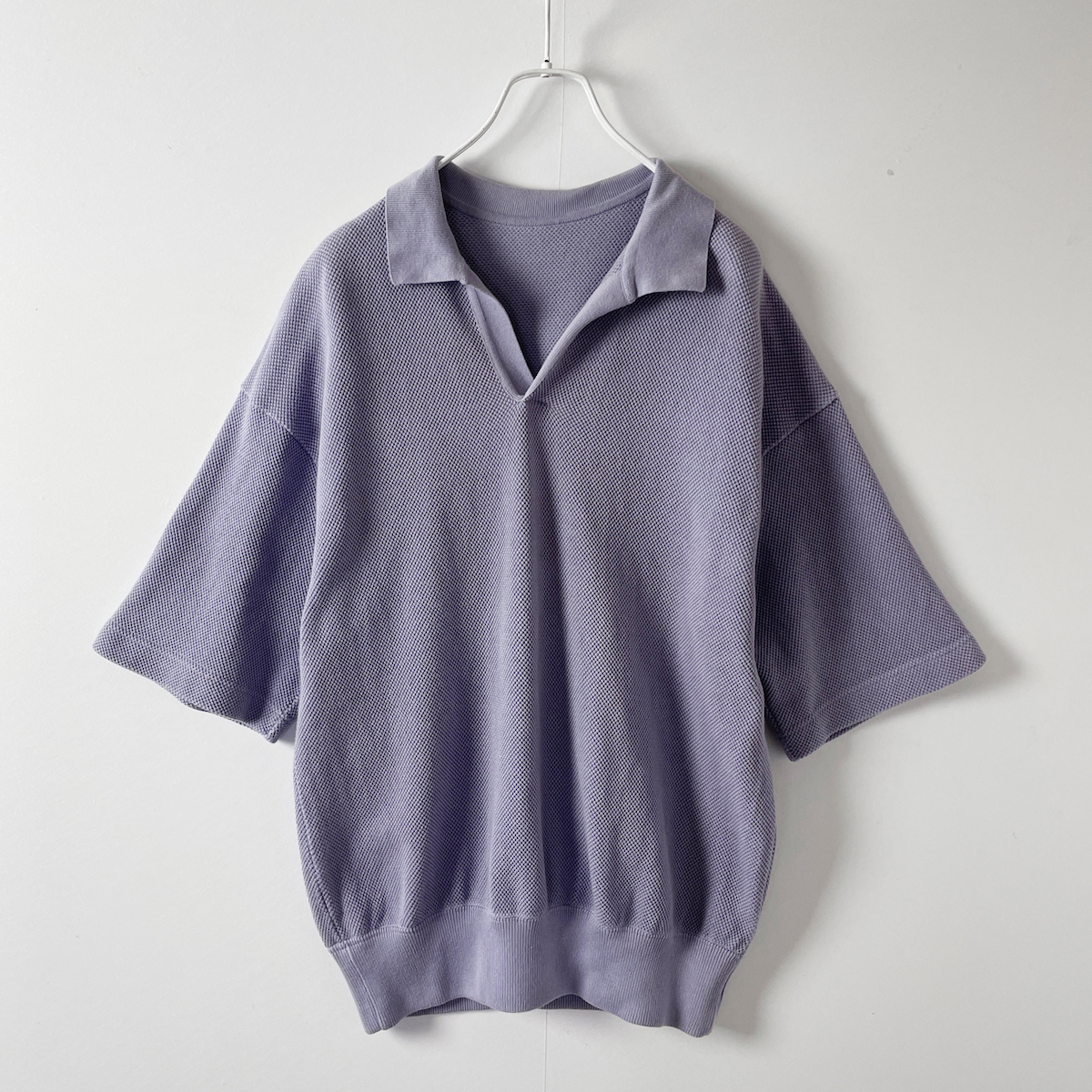 crepuscule ニットポロ シャツ 綿 100% オーバーサイズ 5分袖 コットン ショート丈 ウォッシャブル 紫 パープル クレプスキュール メンズ L
