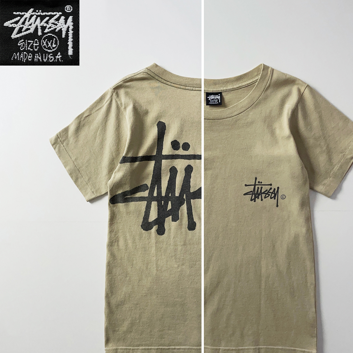 s STUSSY 黒タグ USA製 ビッグ ロゴ プリント 半袖 Tシャツ ベージュ 綿 % ヴィンテージ オールド ステューシー  レディース M キッズ