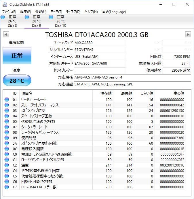 TOSHIBA 3.5インチHDD DT01ACA200 2TB SATA 2台セット B #11381_画像2