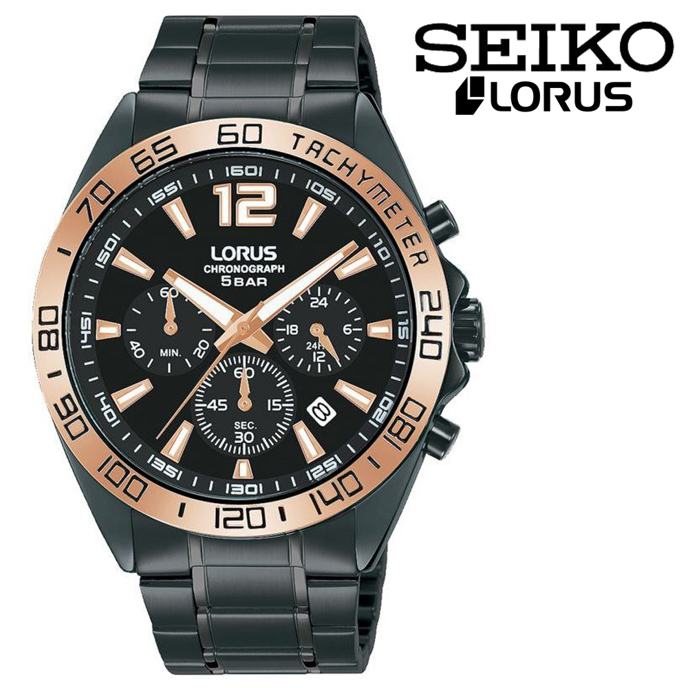 超人気の SEIKO LORUS Chronograph Quartz Sports Watch セイコー ローラス スポーツ クロノグラフ クオーツ ゴールド ブラック 50m防水 腕時計 黒 海外モデル