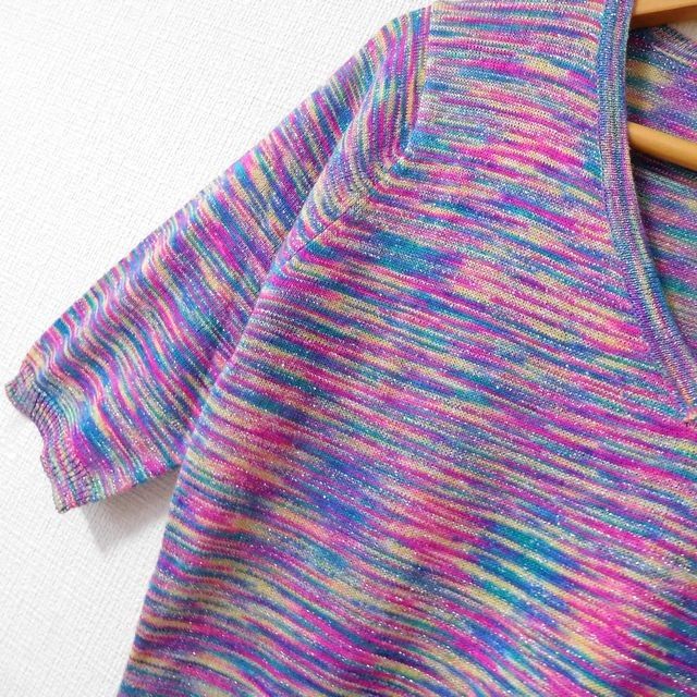Mサイズ 新品　半袖カットソー 薄手 ラメ入り スリット糸使用  紫 レディース　個性派