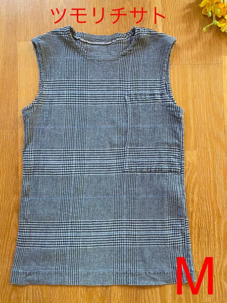  Tsumori Chisato no sleeve tops cut and sewn M cotton 100%.. cloth gray black check pattern 
