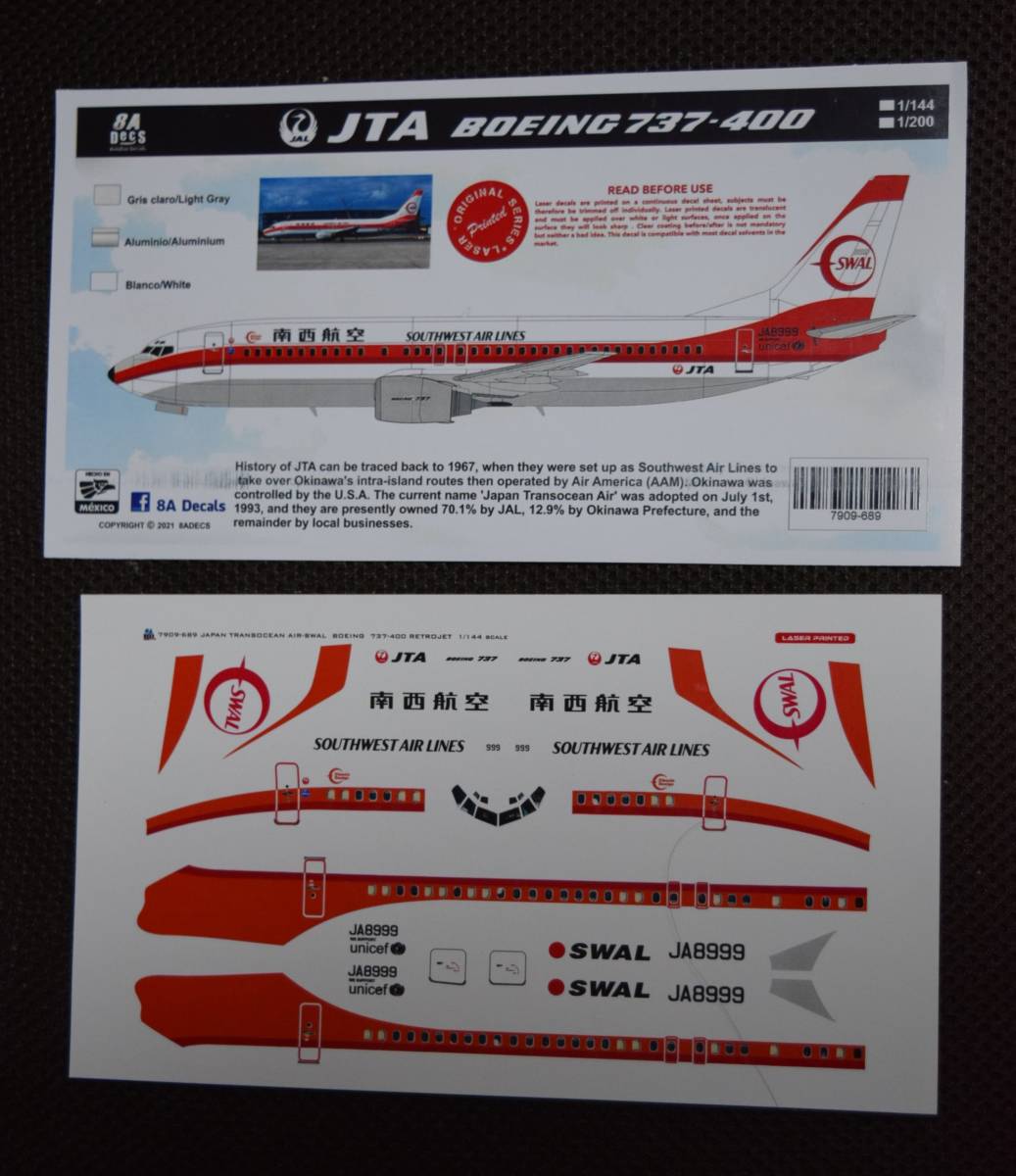 # rare 1/144 8A decal bo- wing B737-400 Japan trance Ocean aviation JTA old south west aviation SWAL reissue painting JA8999