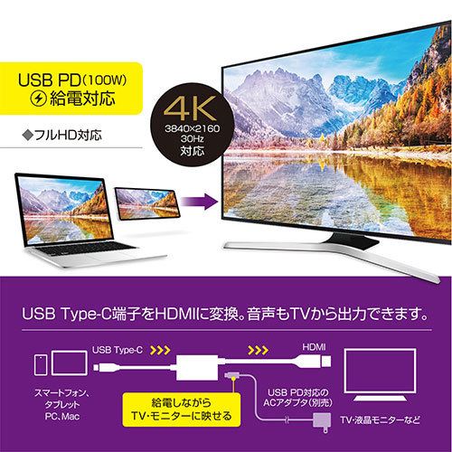 ミヨシ PD対応Type-C to HDMIケーブル 3m USD-PFH30/BK_画像6