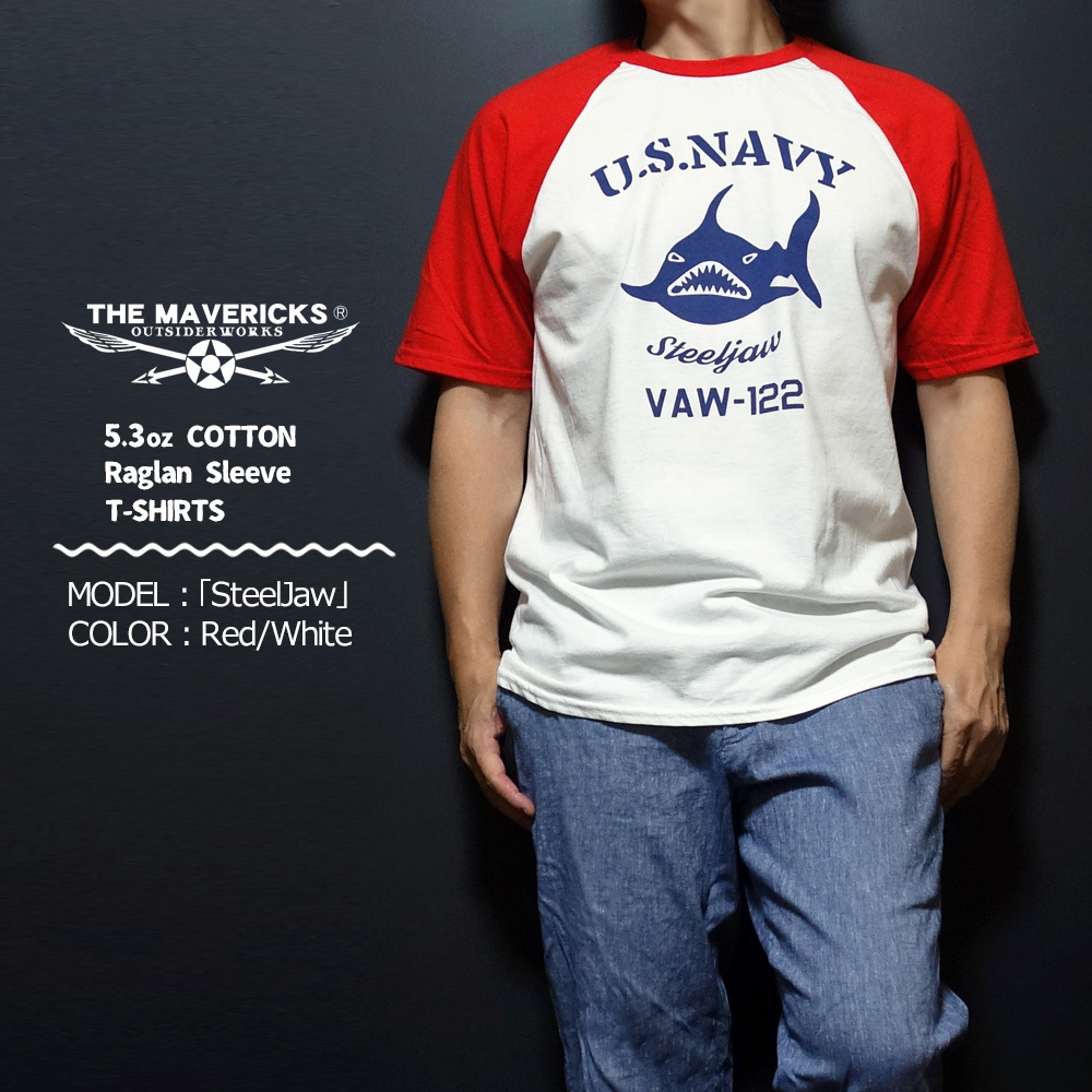 ラグラン Tシャツ XL メンズ 半袖 アメカジ MAVERICKS ブランド ミリタリー NAVY 米海軍 SteelJaw ジョーズ ホワイト レッド_画像2