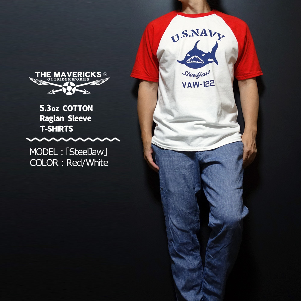 ラグラン Tシャツ XL メンズ 半袖 アメカジ MAVERICKS ブランド ミリタリー NAVY 米海軍 SteelJaw ジョーズ ホワイト レッド_画像7