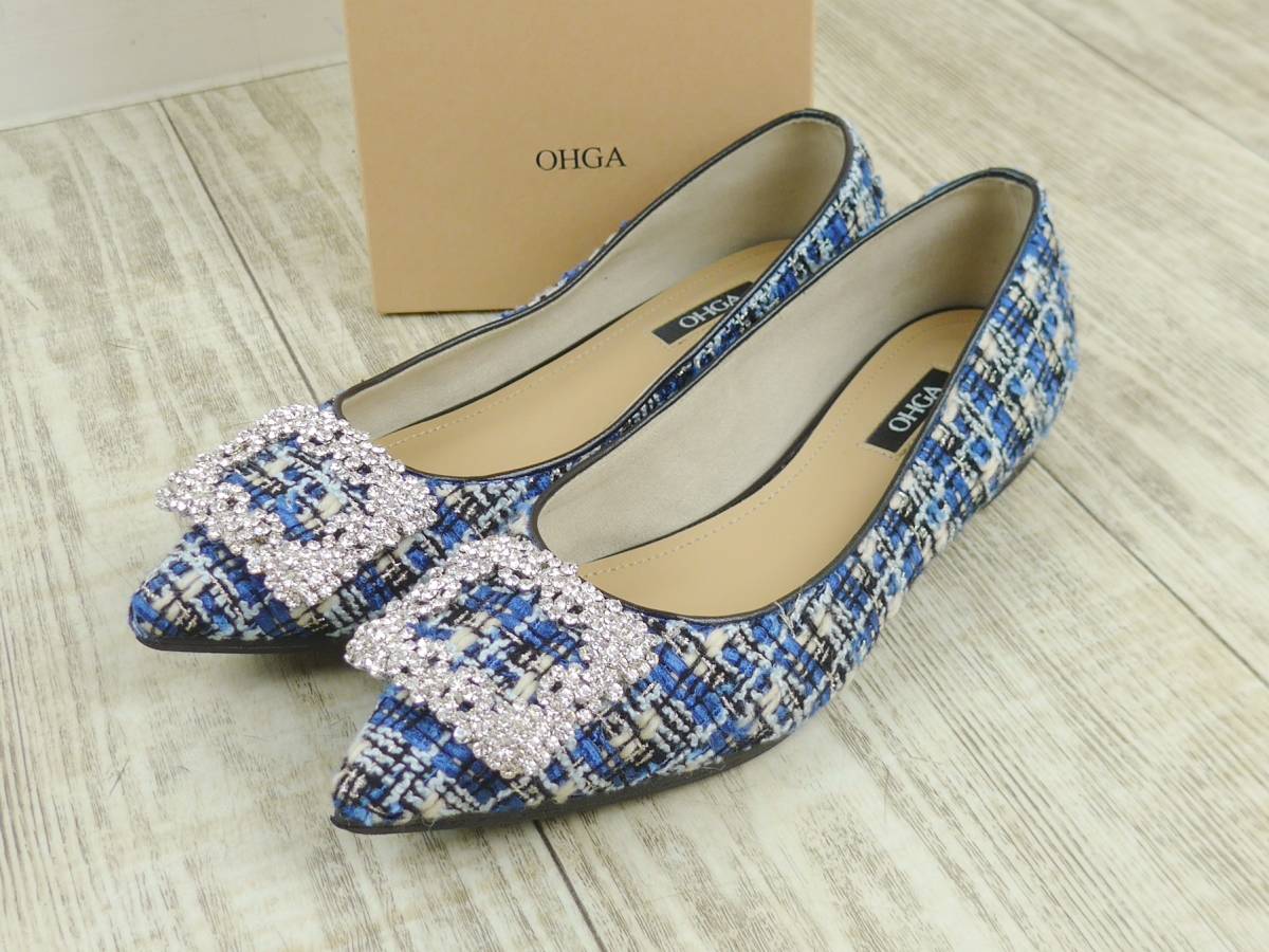 OHGA オーガ 23SS TWEED BIJOU PUMPS ブルー ツイード ビジューパンプス36/23cm ポインテッドトゥ Drawer yori