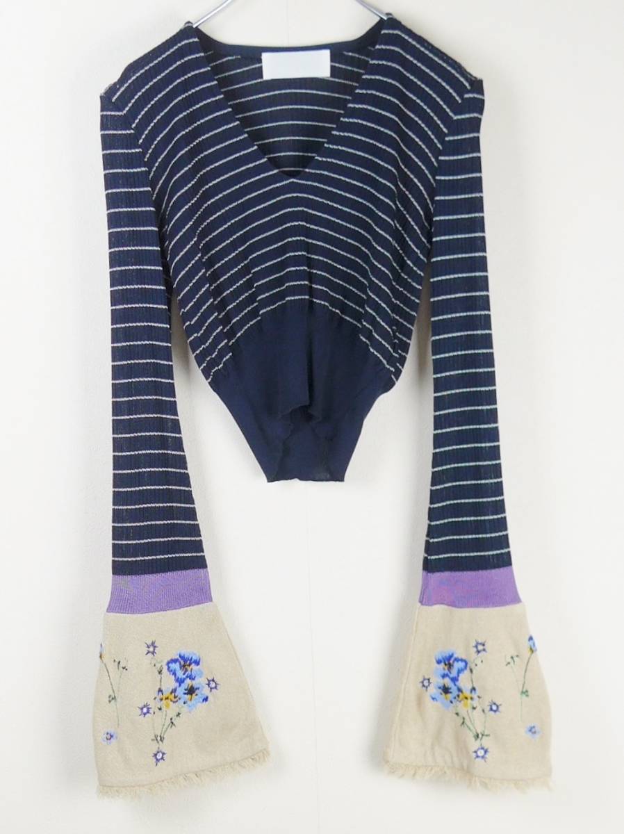 Mame Kurogouchi マメクロゴウチ 17SS embroidery cuffs v-neck knit エンブロイダリー刺繍カフス Vネック ボーダーニット1 ネイビー