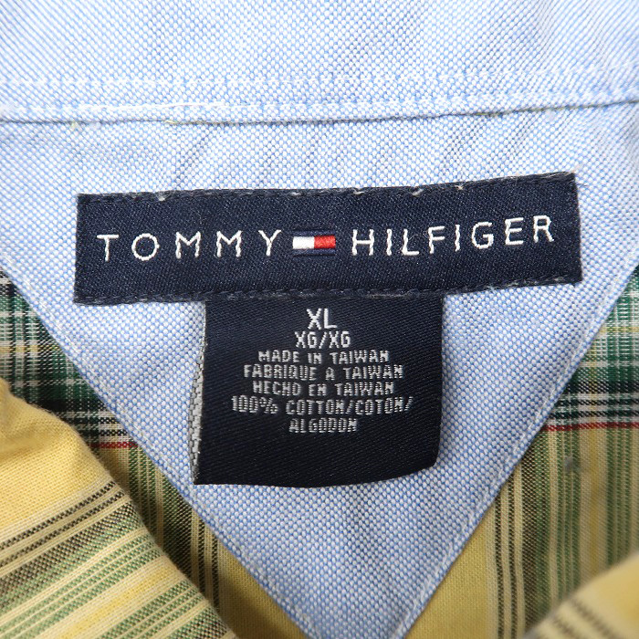 古着 TOMMY トミーヒルフィガー ボタンダウンシャツ 半袖 チェック柄 イエロ−ベース サイズ表記：XL　gd79403_画像7