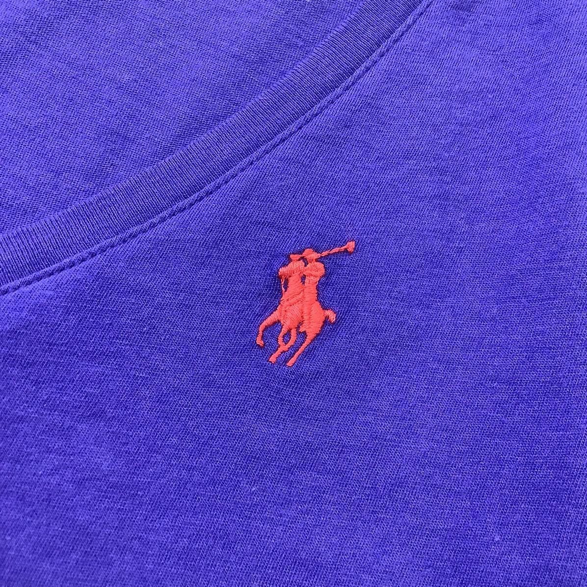 美品 Ralph Lauren ラルフローレン vネック ワンポイントロゴ刺繍 半袖 tシャツ ブルー レッド レディース XSサイズ_画像6