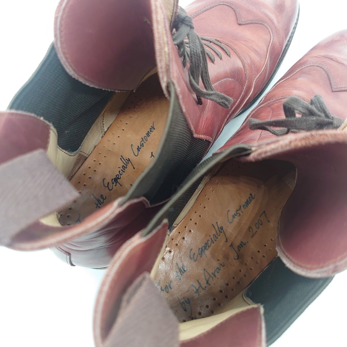 HIROSHI ARAI 荒井弘史 メンズ レザーシューズ サイドゴアブーツ 革靴 ウィングチップ レッド バーガンディ ボルドー オーダー tp-23x812_画像7