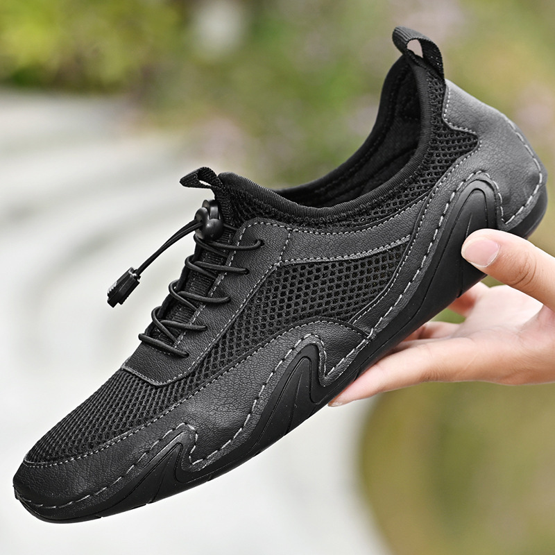  men's shoes driving shoes cow leather mountain climbing shoes sport shoes original leather running walking spring summer summer shoes ventilation black 25.5cm