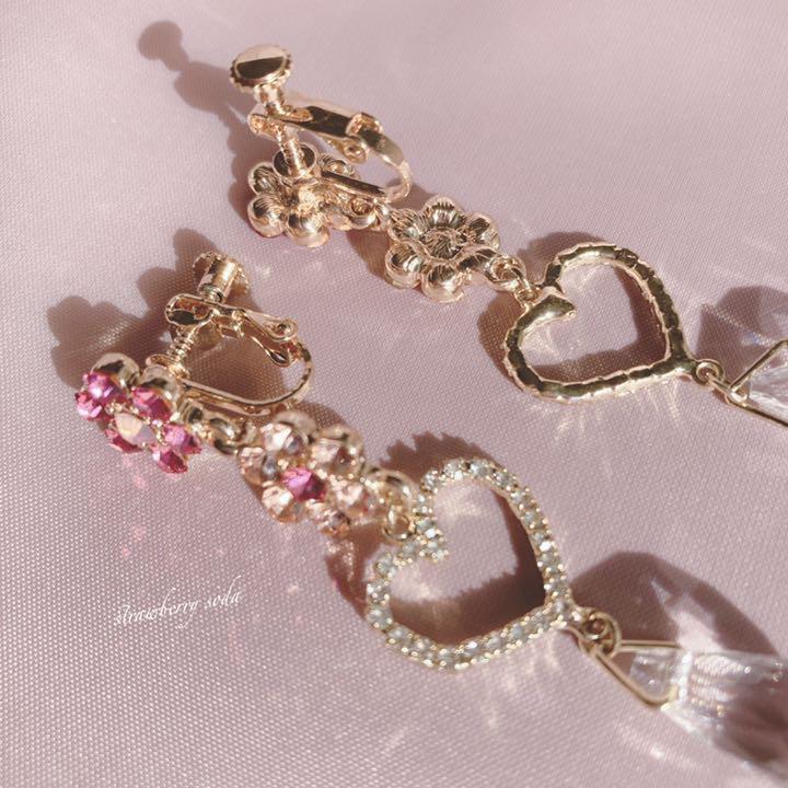  colorful flower rhinestone Heart earrings mass production type ga- Lee Lolita cosplay navy blue Cafe idol ground . Korea fashion 