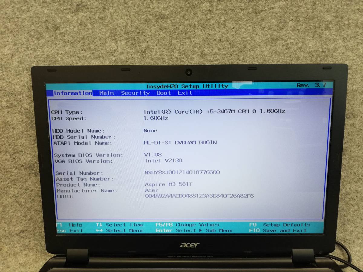 Acer Aspire M3 MA50 i5-2467M Bios verification key loss Junk 6365