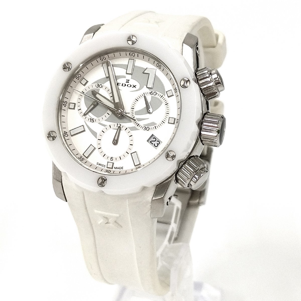 ●EDOX エドックス クロノオフショア カーリング協会モデル 10225 レディース腕時計 ホワイト文字盤 クォーツ クロノグラフ 中古[ne]u340