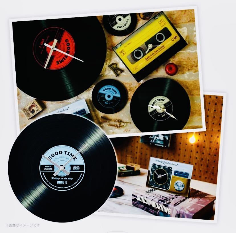 《LPレコードデザインクロック》レトロ アメリカン 80's アナログ ガラス 時計 グレー 30㎝
